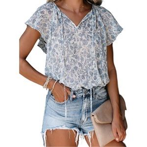 FARYSAYS Women's Boho Top Floral Print V Neck Short Sleeve Casual Loose Blouses